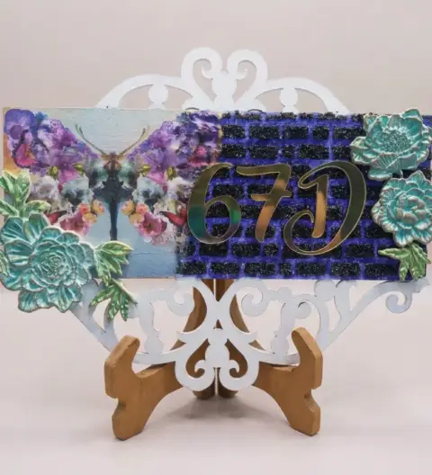 Handcrafted Floral Name Plate with Split Artwork, Textured Panel & Raised Lettering