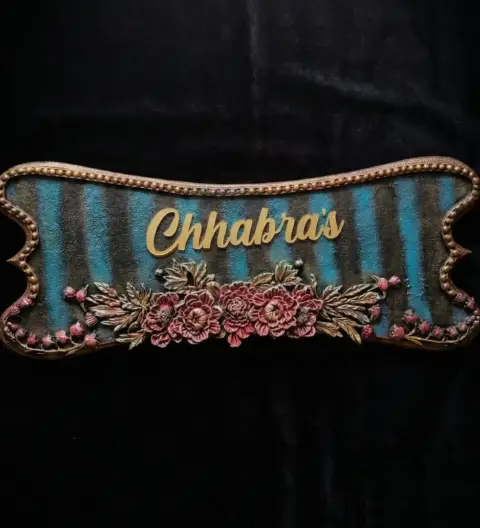 Handcrafted Textured Name Plate with Curved Edges, Raised Lettering & Floral Detailing