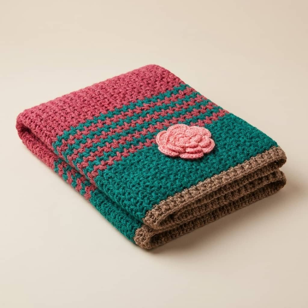 Handmade green and rose crochet adult blanket with floral appliqué and textured stitch pattern by ShapersBliss