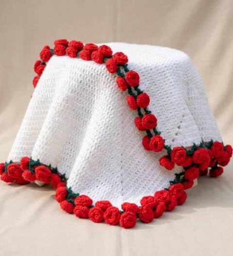 Handmade white crochet adult blanket with red rose vine border and floral crochet detailing by ShapersBliss