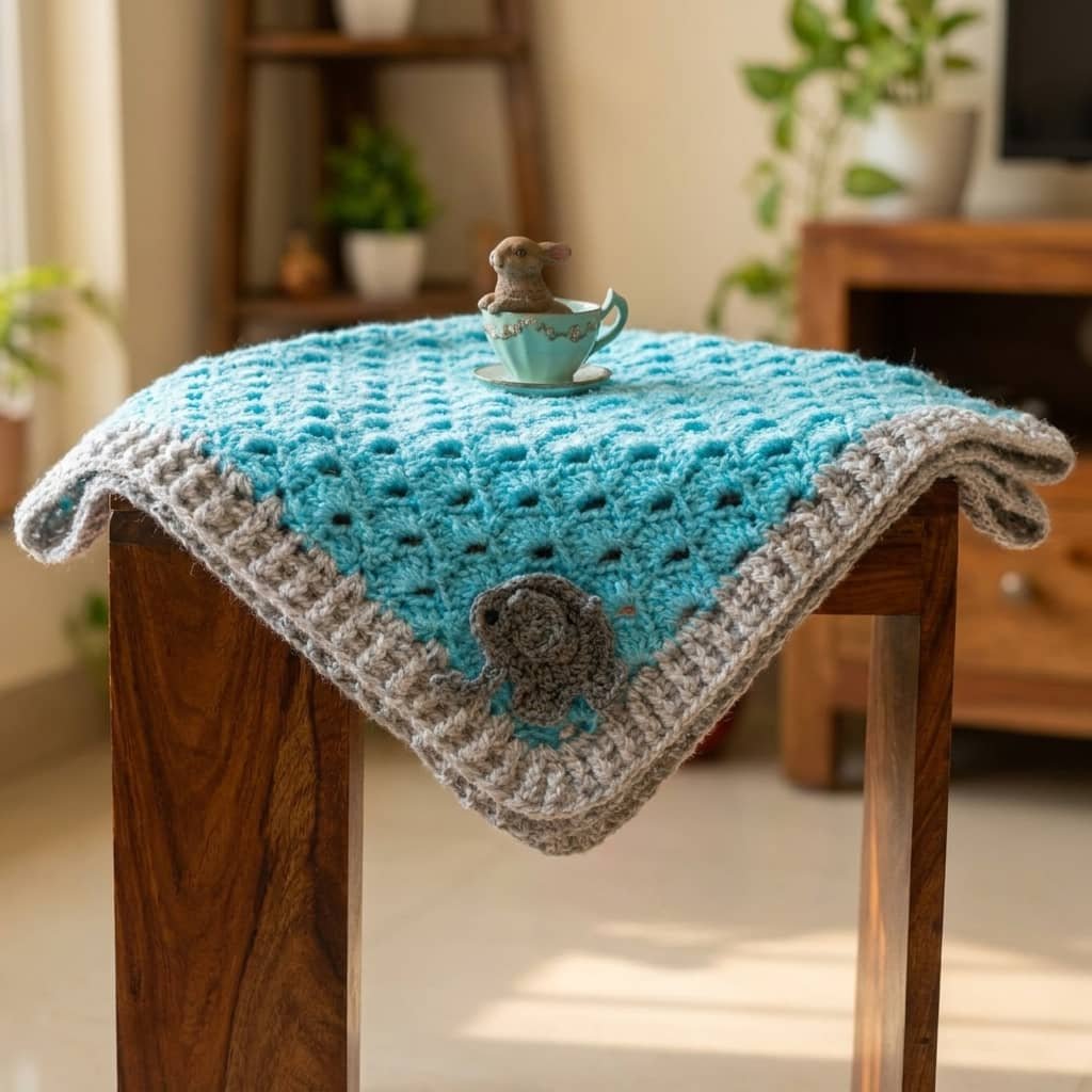 Handcrafted Sky Blue Crochet Blanket with Bubble Stitch | ShapersBliss