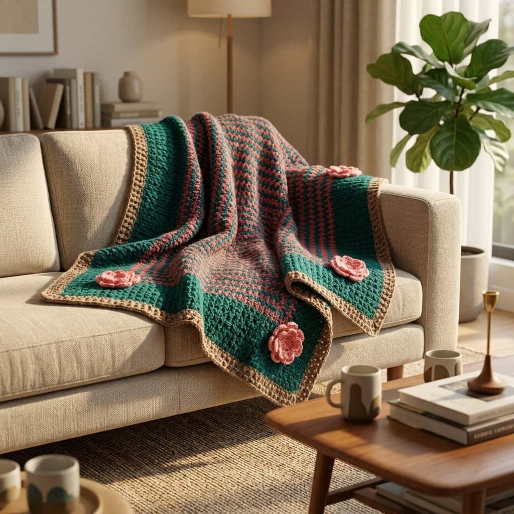 Handmade green and rose crochet adult blanket with floral appliqué and textured stitch pattern by ShapersBliss