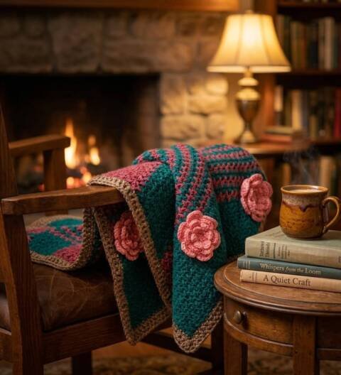 Handmade green and rose crochet adult blanket with floral appliqué and textured stitch pattern by ShapersBliss