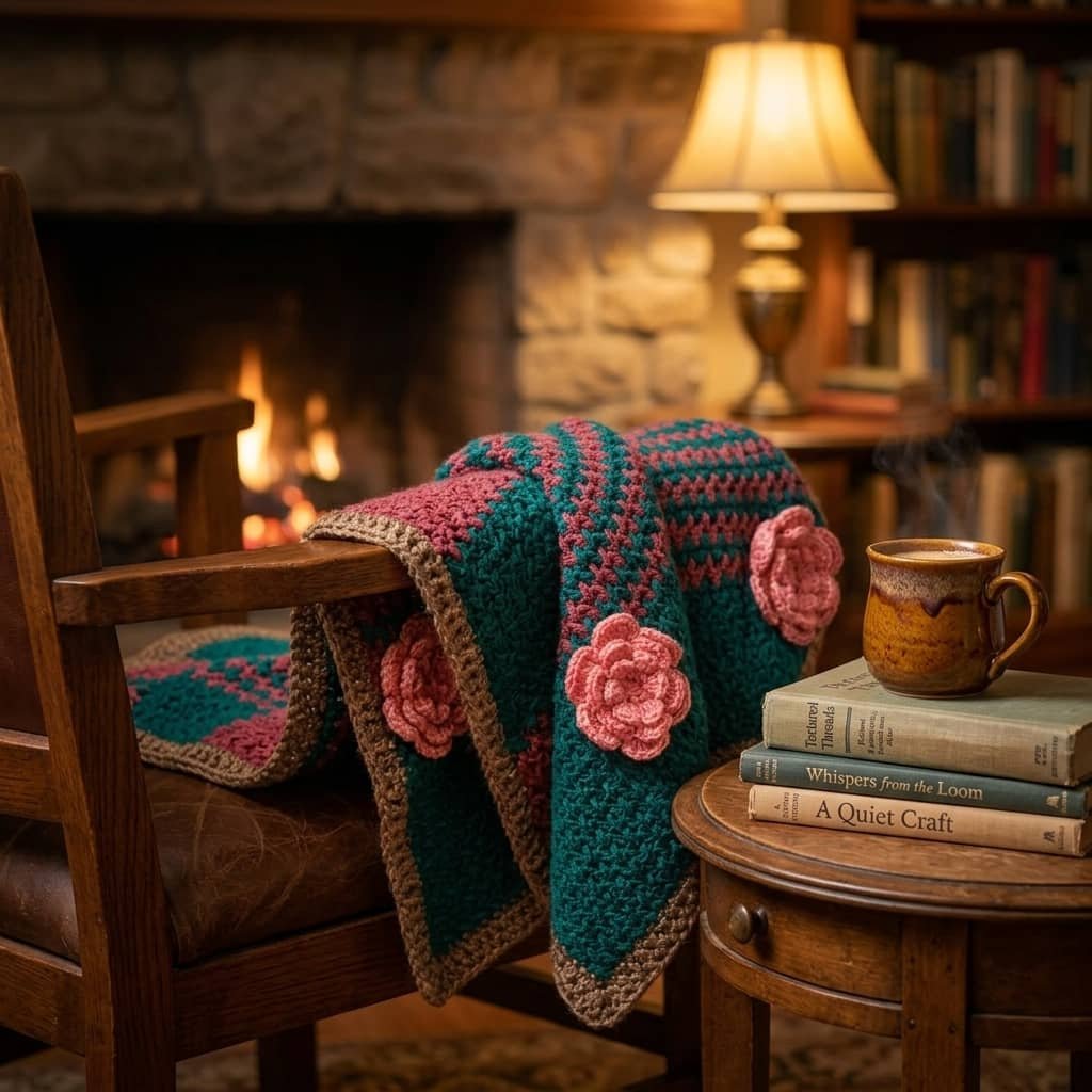 Handmade green and rose crochet adult blanket with floral appliqué and textured stitch pattern by ShapersBliss