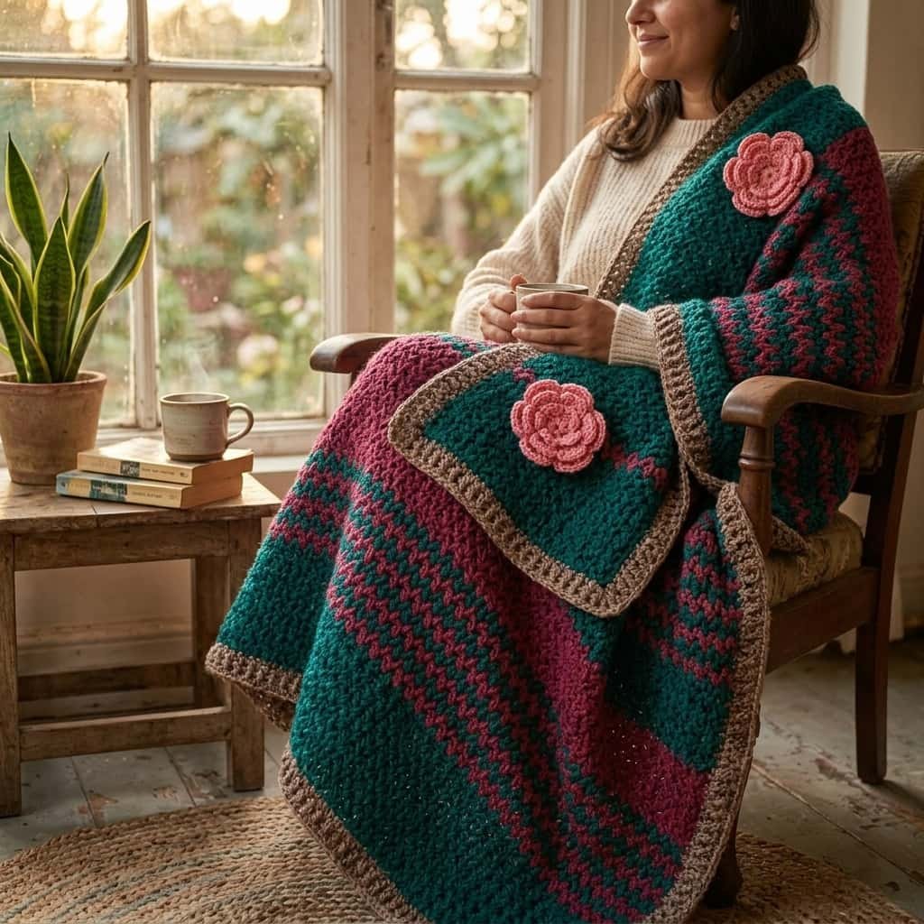 Handmade green and rose crochet adult blanket with floral appliqué and textured stitch pattern by ShapersBliss