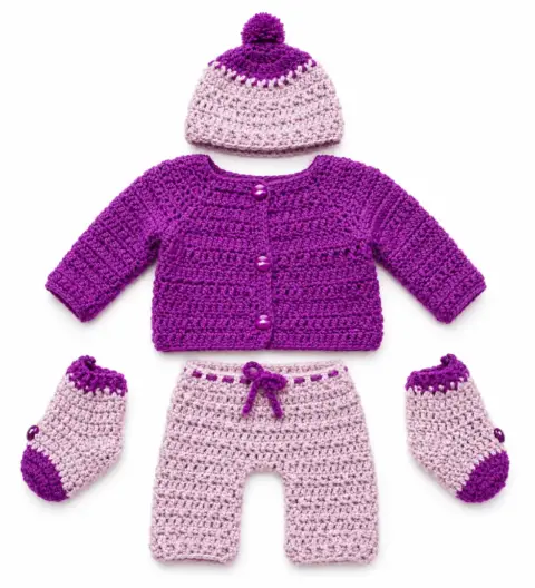 Handmade Crochet Baby Bloomer Set with Sweater, Cap & Mittens