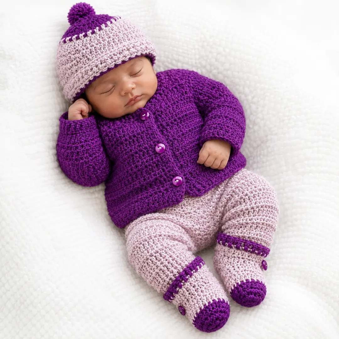 Handmade Crochet Baby Bloomer Set with Sweater, Cap & Mittens - Image 3