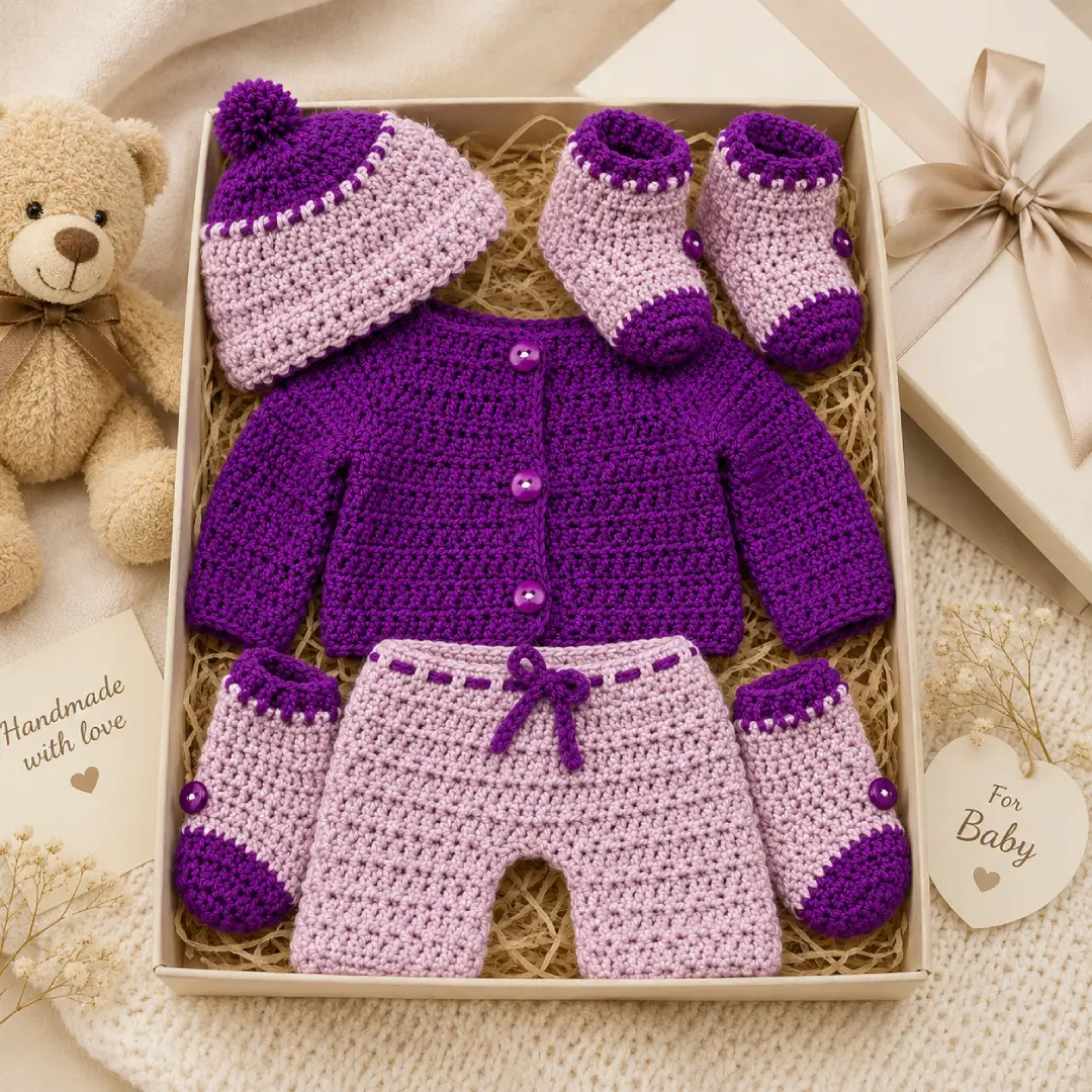 Handmade Crochet Baby Bloomer Set with Sweater, Cap & Mittens - Image 2