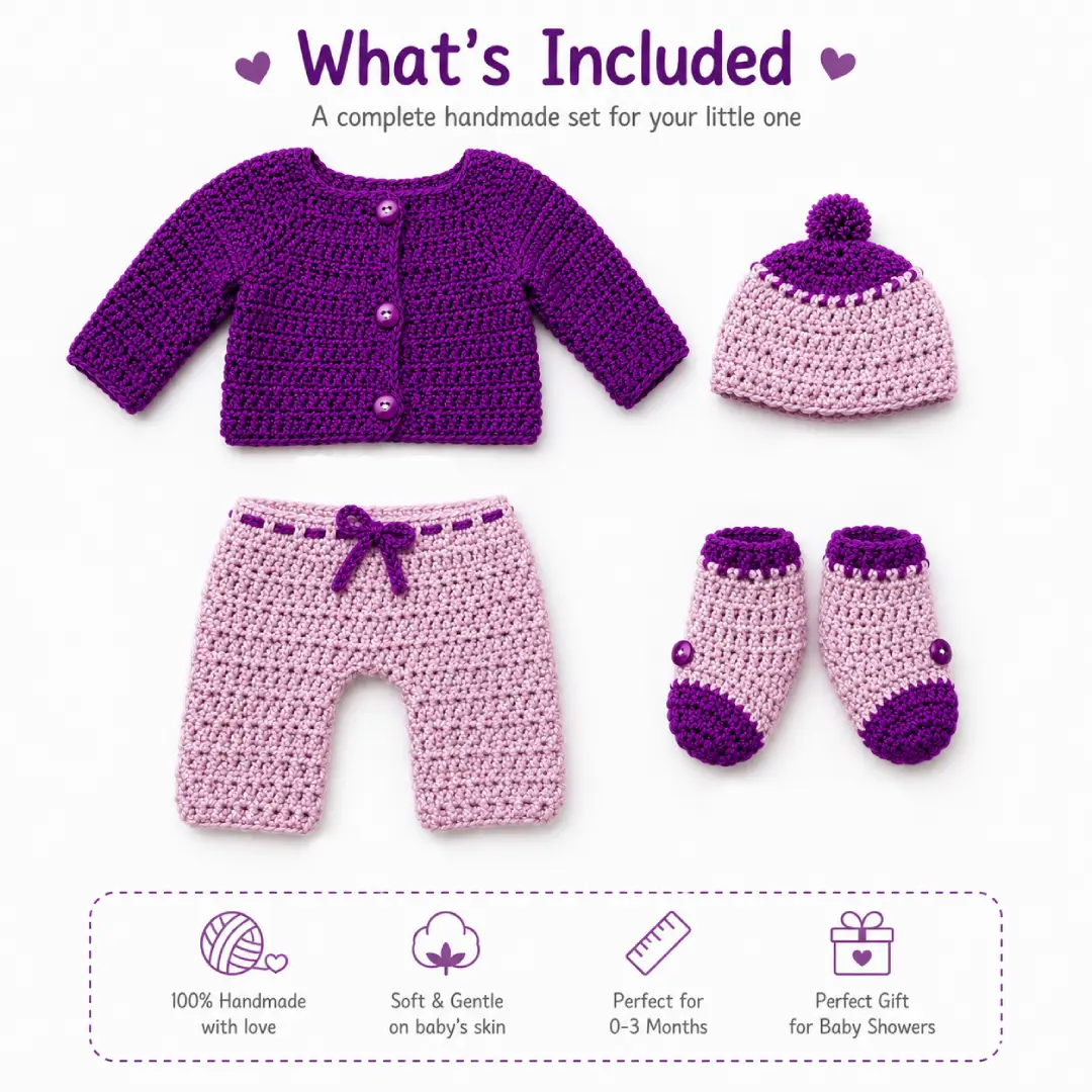 Handmade Crochet Baby Bloomer Set with Sweater, Cap & Mittens - Image 6