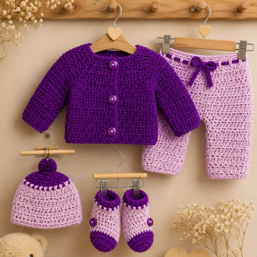 Handmade Crochet Baby Bloomer Set with Sweater, Cap & Mittens - Image 7