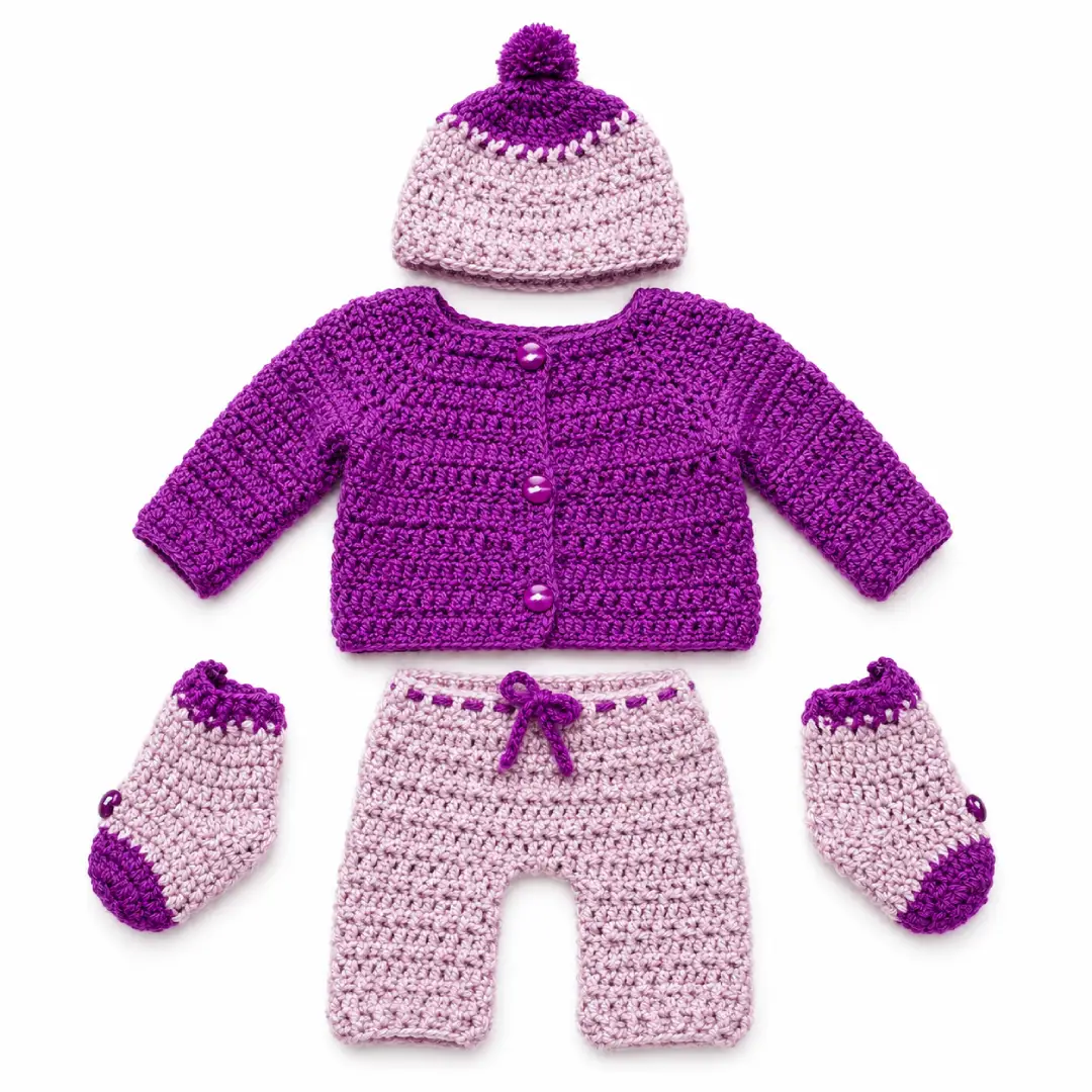 Handmade Crochet Baby Bloomer Set with Sweater, Cap & Mittens