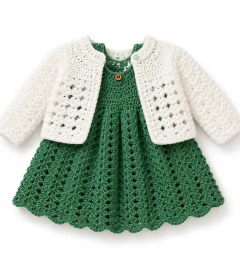 Handmade Crochet Baby Girl Frock with Cardigan Set
