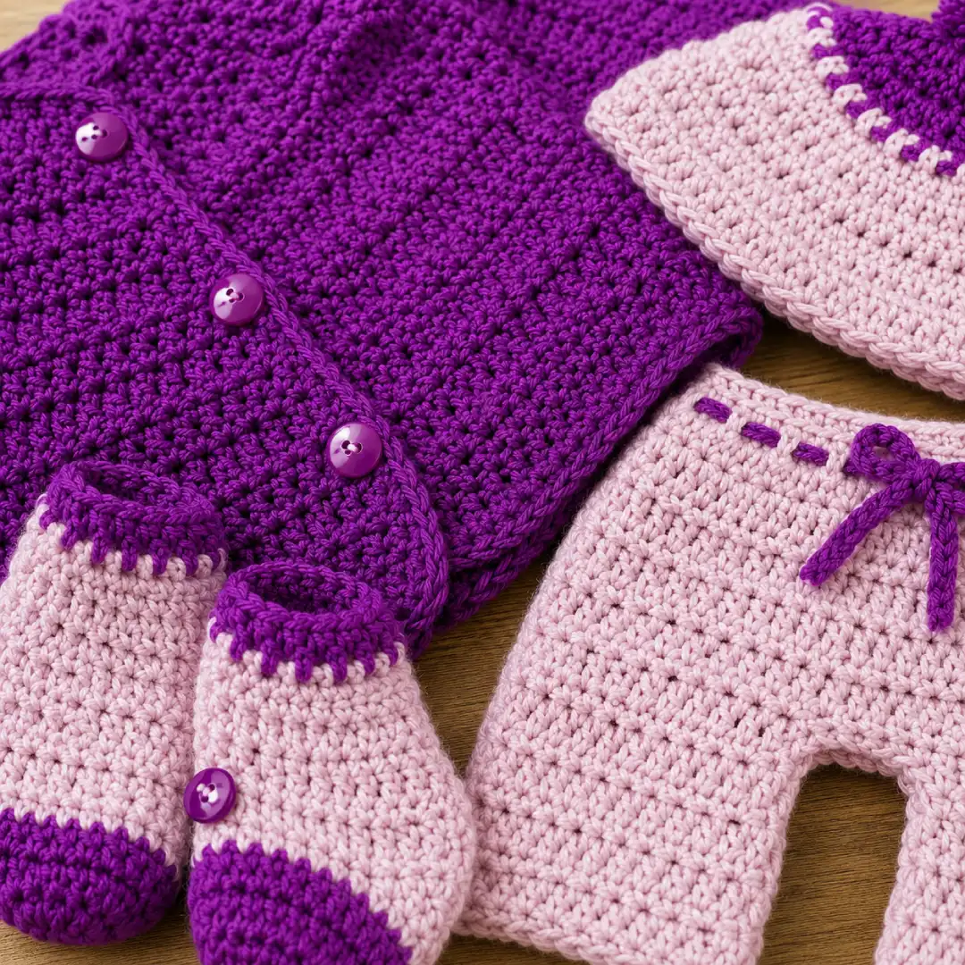 Handmade Crochet Baby Bloomer Set with Sweater, Cap & Mittens - Image 4