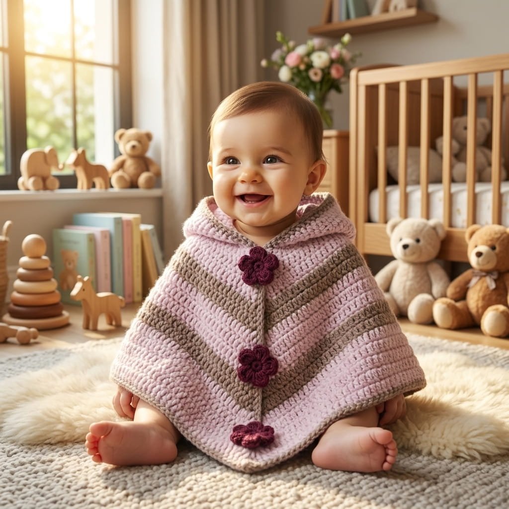 Handmade Crochet Baby Poncho with Floral Appliqué - Image 2