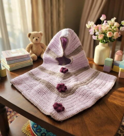 Handmade Crochet Baby Poncho with Floral Appliqué