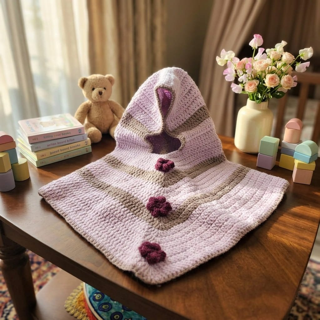Handmade Crochet Baby Poncho with Floral Appliqué