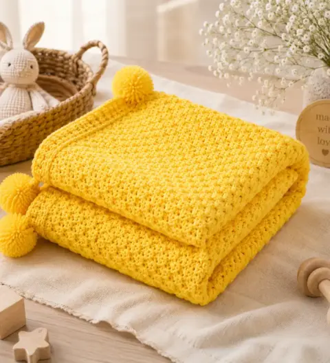 Handmade Crochet Baby Blanket with Pom Pom Corners | 36 x 36 Inches